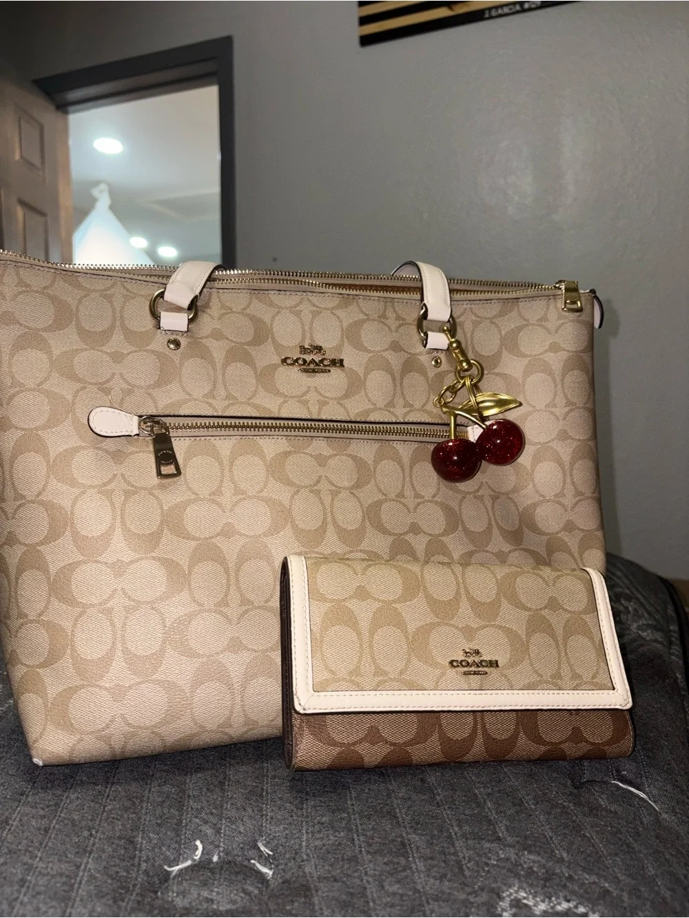 COACH Signature Canvas Tote and Wallet Set in Khaki/Chalk